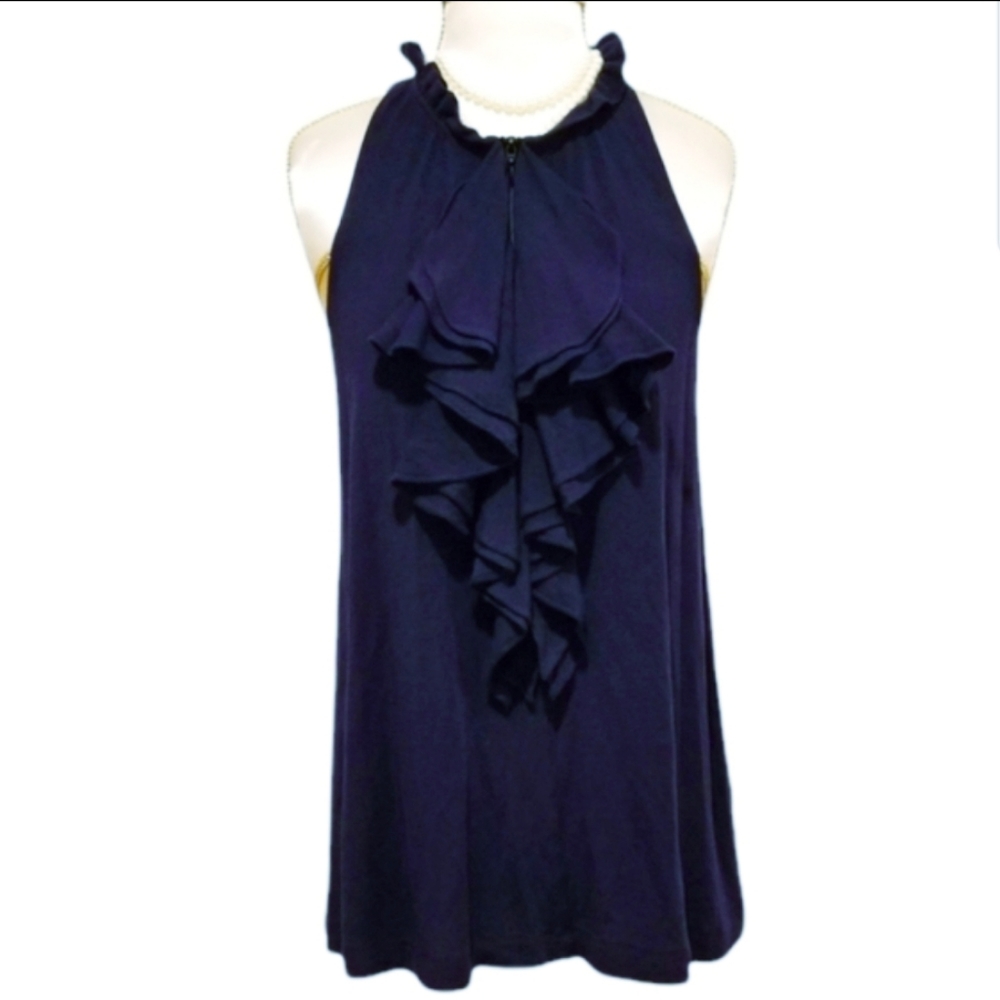 Theory Top Navy Ruffle Haltered Top